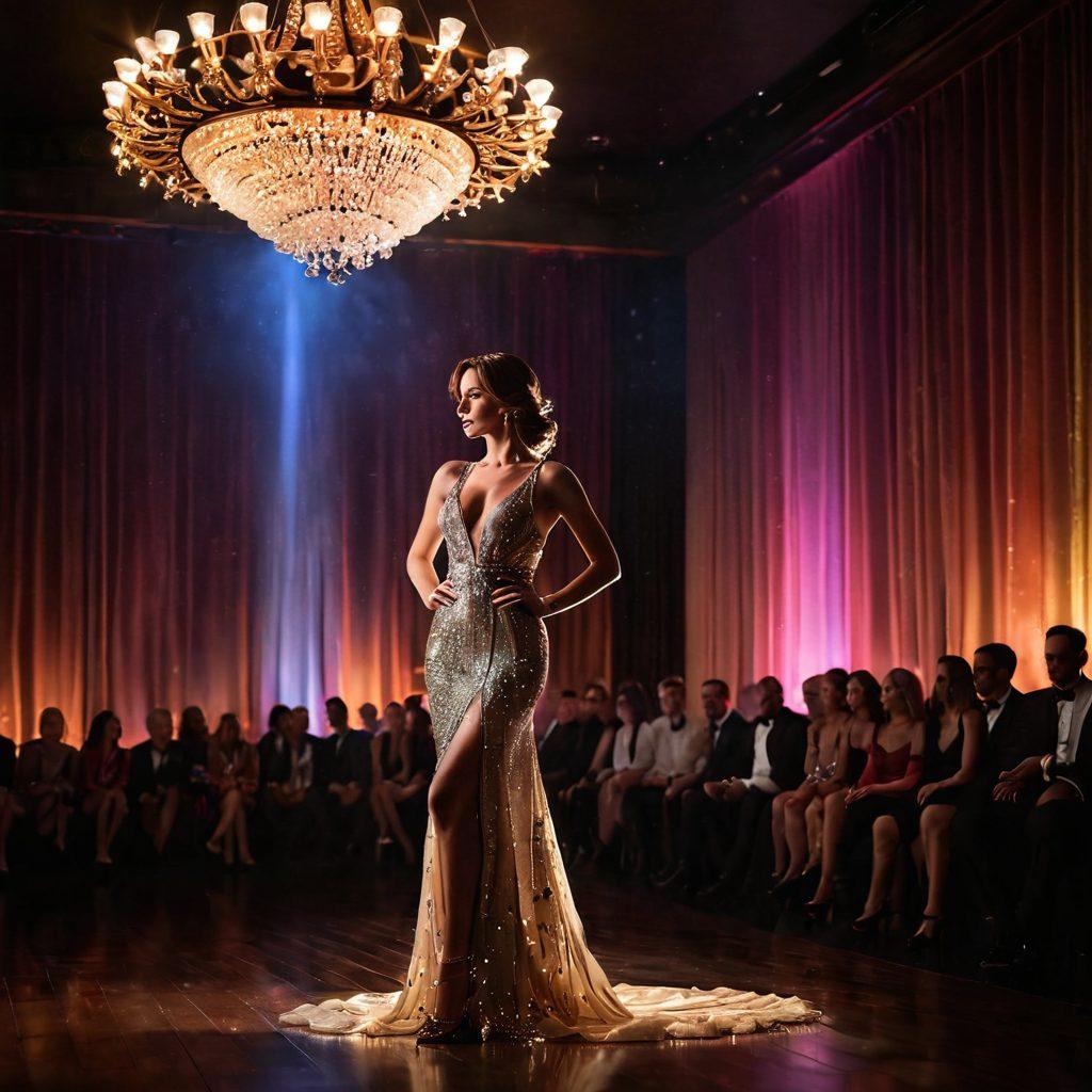 A captivating scene depicting a glamorous and sophisticated adult star on stage, bathed in soft, colorful lights that create an intimate atmosphere. Elegant silhouettes of an engaged audience in the foreground, with subtle hints of luxury decor in the background. The star should be exuding confidence and allure, dressed in a stylish, shimmering outfit. The overall mood is vibrant, sensual, and inviting, capturing the essence of premium entertainment. super-realistic. vibrant colors. intimate lighting.