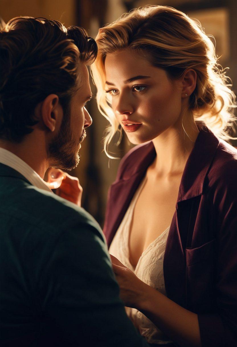A cinematic scene showing a passionate filmmaker directing a sensual scene on set; soft dramatic lighting highlights the expressions of actors, while a vintage camera captures their chemistry. Include behind-the-scenes elements like a script, crew members, and stylistic props that embody artistry in sensual storytelling. Capture an intimate and emotional atmosphere, reflecting creativity and collaboration. super-realistic. vibrant colors. cinematic style.
